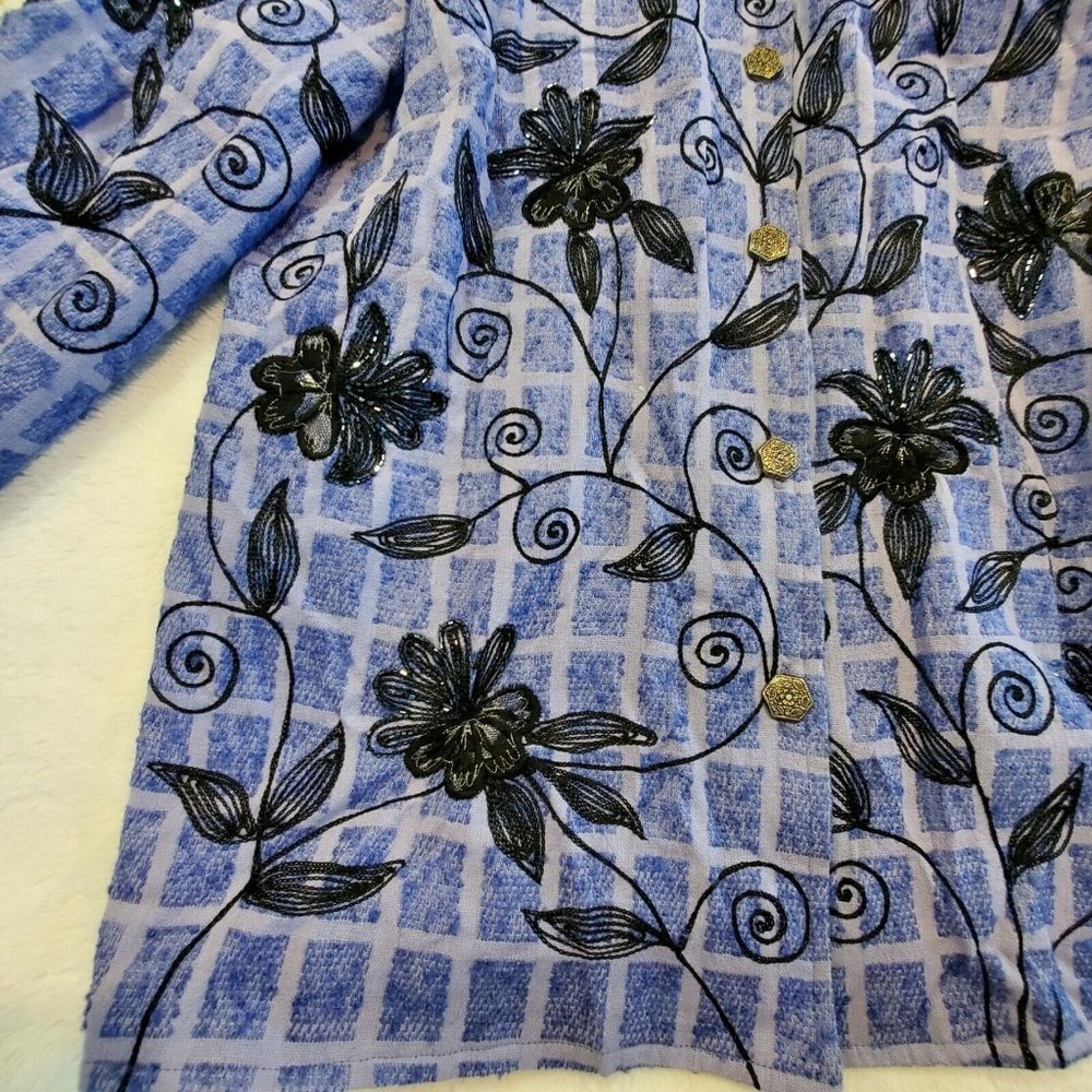Vintage 90s Periwinkle Blue Floral Beaded Windowpane Jacket Lined XL X-large‎ - Picture 4 of 8